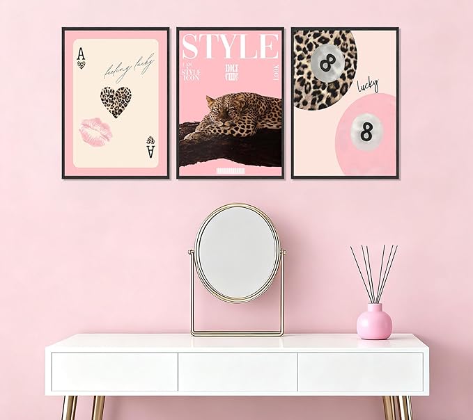 3Pcs Trendy Pink Leopard Wall Art Preppy Leopard Lucky 8 Ball Posters Printings Y2k Coquette Funky Cheetah Aesthetic Room Wall Decor for College Apartment Girls Bedroom Home Decoration 12x16in