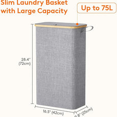 Lifewit 75L Slim Laundry Hamper with Lid, Narrow Laundry Basket with Removable Bag & Bamboo Handles, Fodable Thin Dirty Clothes Hamper for Laundry Collapsible Bin for Bathroom Bedroom Dorm, Gray