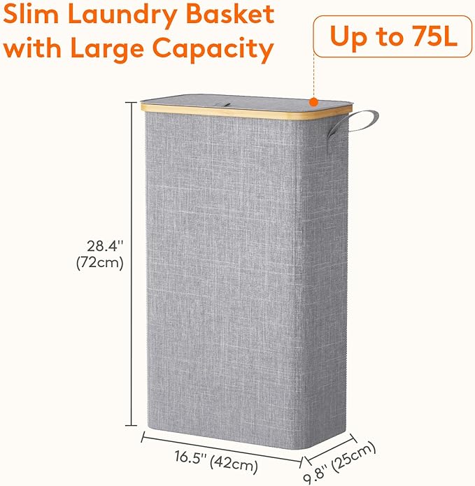 Lifewit 75L Slim Laundry Hamper with Lid, Narrow Laundry Basket with Removable Bag & Bamboo Handles, Fodable Thin Dirty Clothes Hamper for Laundry Collapsible Bin for Bathroom Bedroom Dorm, Gray