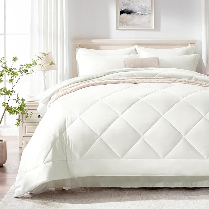 Love's cabin Twin Comforter Set Ivory, 5 Pieces Twin Bed in a Bag, All Season Bedding Sets with 1 Comforter, 1 Flat Sheet, 1 Fitted Sheet, 1 Pillowcase and 1 Pillow Sham