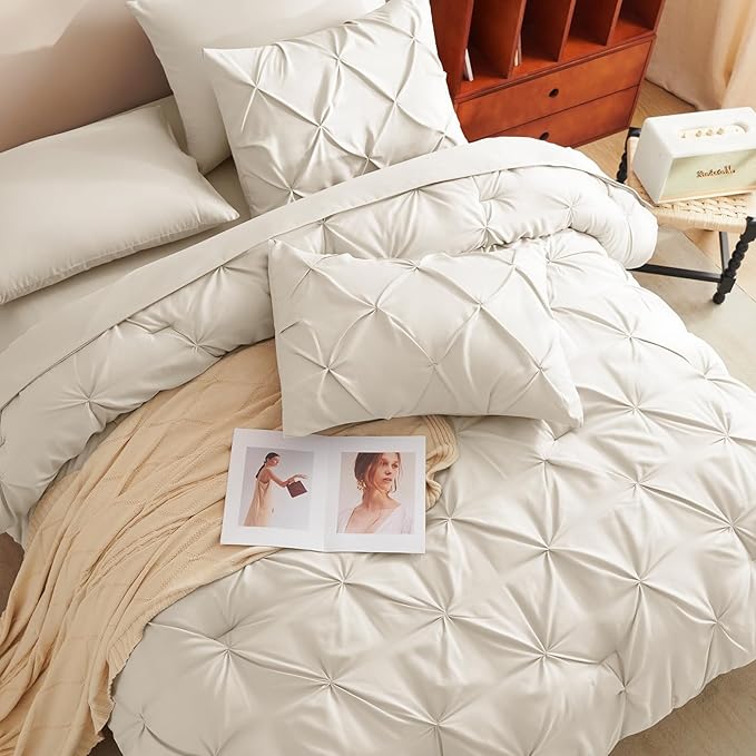CozyLux King Size Comforter Set Beige, 7 Pieces Bed in A Bag Beige Comforter King Size, Pinch Pleat Bedding Set with All Season Comforter, Sheets, Pillowcases & Shams