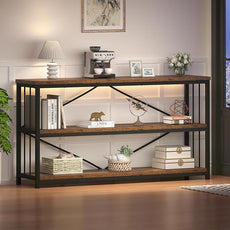 HSH Horizontal Bookshelf, Wood Metal Low Bookcase with Storage, Open 3 Tier Etagere Book Shelf for Office Bedroom Living Room, Rustic Brown, 55 Inch