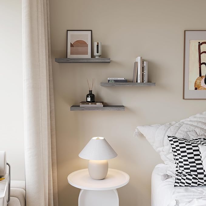 Floating Shelves for Wall Set of 3, 16" Gray Wall Shelves for Home Decor, Frame Display Floating Shelf for Living Room, Bedroom, Bathroom, Kitchen