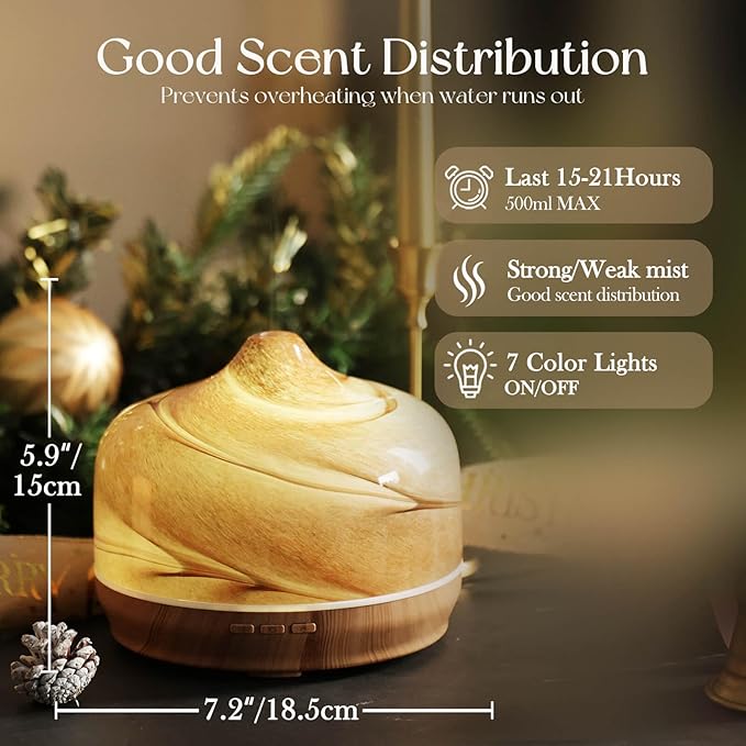 Porseme 500ml Glass Essential Oil Diffuser Aromatherapy Ultrasonic Cool Mist Humidifier 15-21 Running Hours Waterless Auto-Off Air Diffusers for Sleeping,Yoga,Office Working,Spa and Rest (Desert)