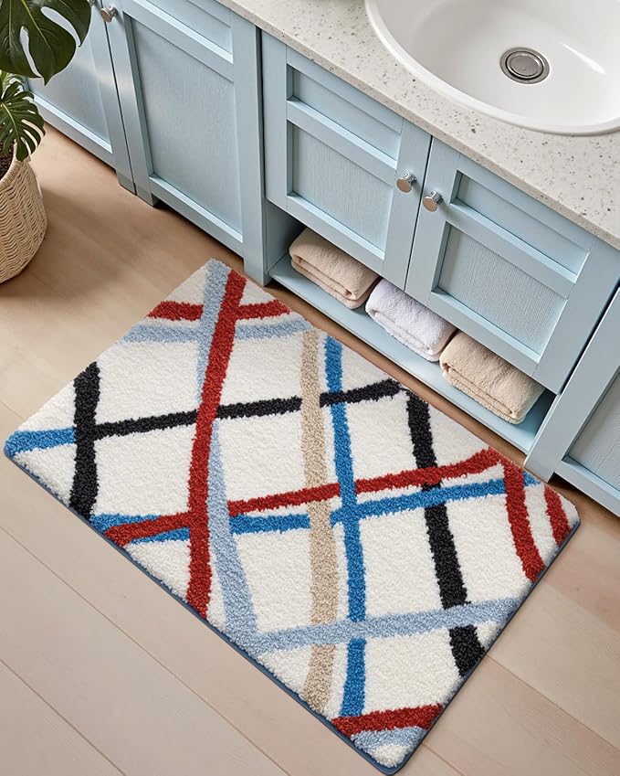 DEXI Striped Bath Mats for Bathroom 43x24, Washable Absorbent Bathroom Rugs with Non Slip Backing, Extra Soft Plush Microfiber Shower Rugs for Tub, Floor, Sink, Colorful