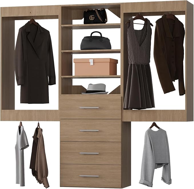 Modular Closet System, 78" Wide Closet Organizer System with Hanging and Drawers, Wood Tower Closet Storage for Walk In Closets, Wall Mounted Wardrobe Organizer Kit System, Bedroom, Wood