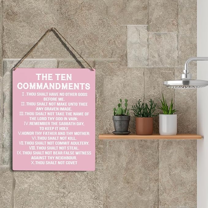 YCYD Ten Commandments Decor,10 Commandments Desk Poster, Christian Bible Verse Decor Religious Home Rustic Wooden Box Sign for Living Room Bedroom Office 10 x 8 Inches pink