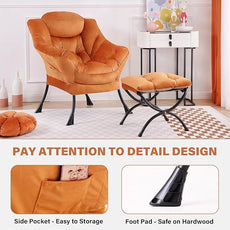 Tiita Lazy Chair with Ottoman, Modern Large Accent Lounge Armchair, Comfy Leisure Sofa Reading Chair with Footrest for Bedroom, Living Room, Dorm Rooms, Garden and Courtyard, Velvet Orange