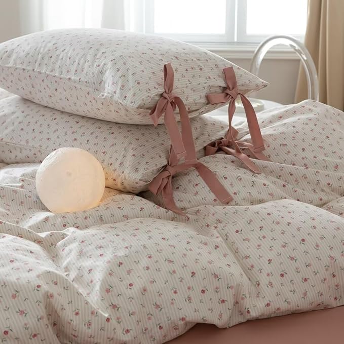 MKXI Garden Comforter Small Flowers Print Girls Pink Floral Twin XL Comforter Set White Soft Comforter Twin Pink Stripes Comforter with Cute Bow Pillowcases Youthful Aesthetic Bedding