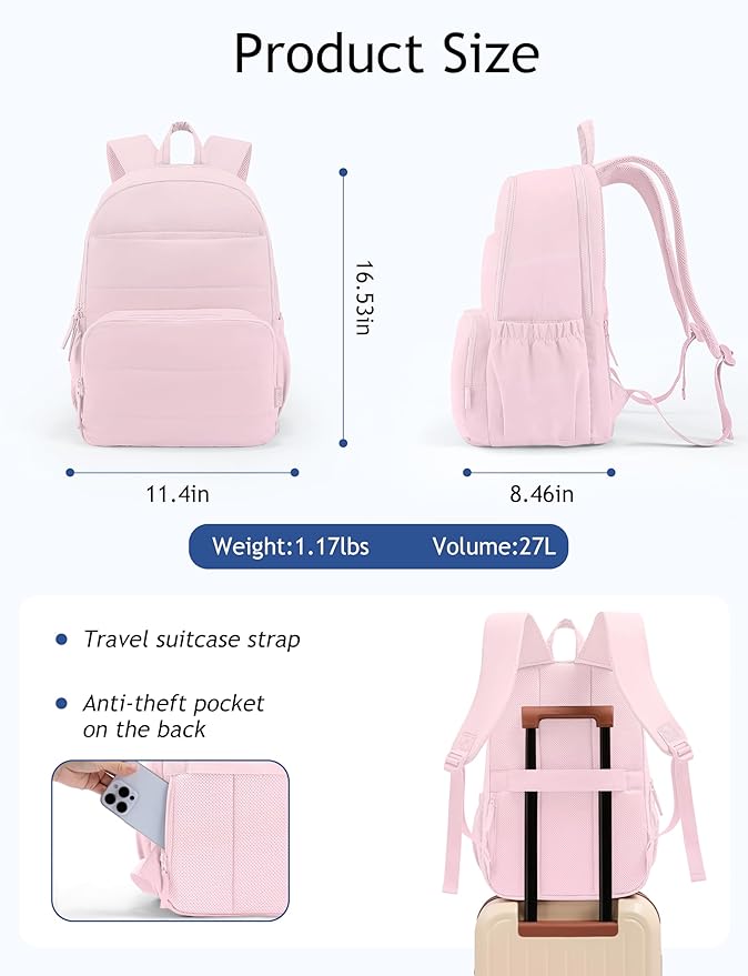 Travel Backpack for Women, 15.6 Inch College Laptop Backpack, Water Resistant Work Backpacks, Cute Quilted Bookbag