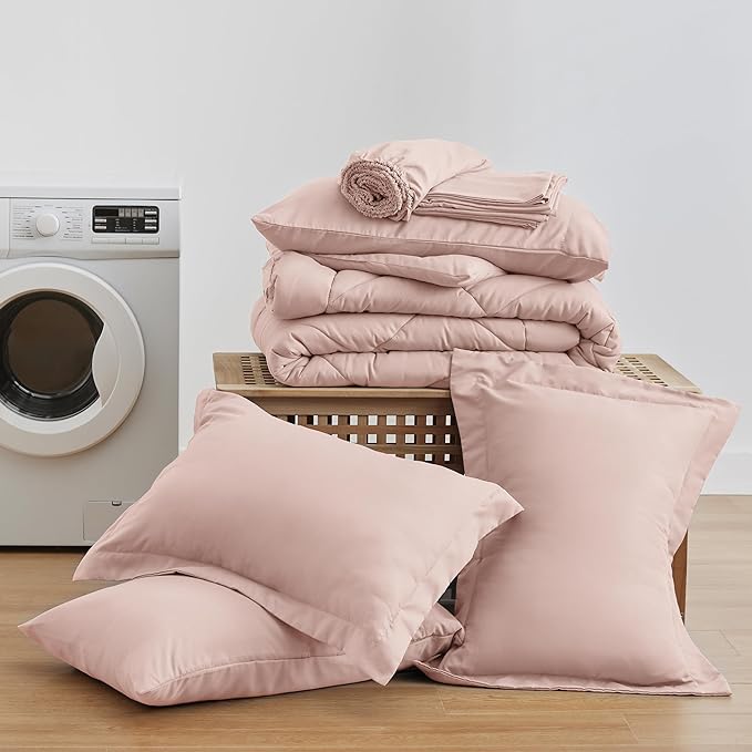 Love's cabin Queen Comforter Set Pink, 7 Pieces Queen Bed in a Bag, All Season Bedding Sets with 1 Comforter, 1 Flat Sheet, 1 Fitted Sheet, 2 Pillowcase and 2 Pillow Sham
