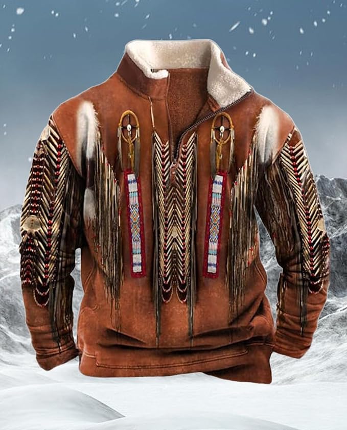 Western Sweatshirts for Men Aztec Cowboy Vintage Graphic Fleece Hoodie Mens Quarter Zip Pullover Country Jacket
