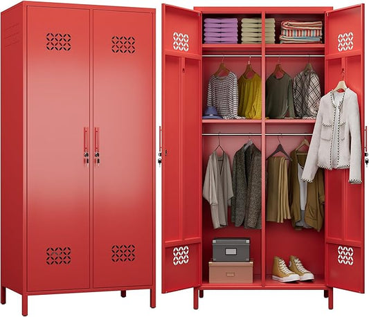 Aobabo Metal Wardrobe Cabinets with Lock, 2 Door Metal Closet with 4 Adjustable Shelves and 2 Hannging Rod, Lockable Locker Cabinet, Storage Locker for Home, Office,Red, Assembly Required