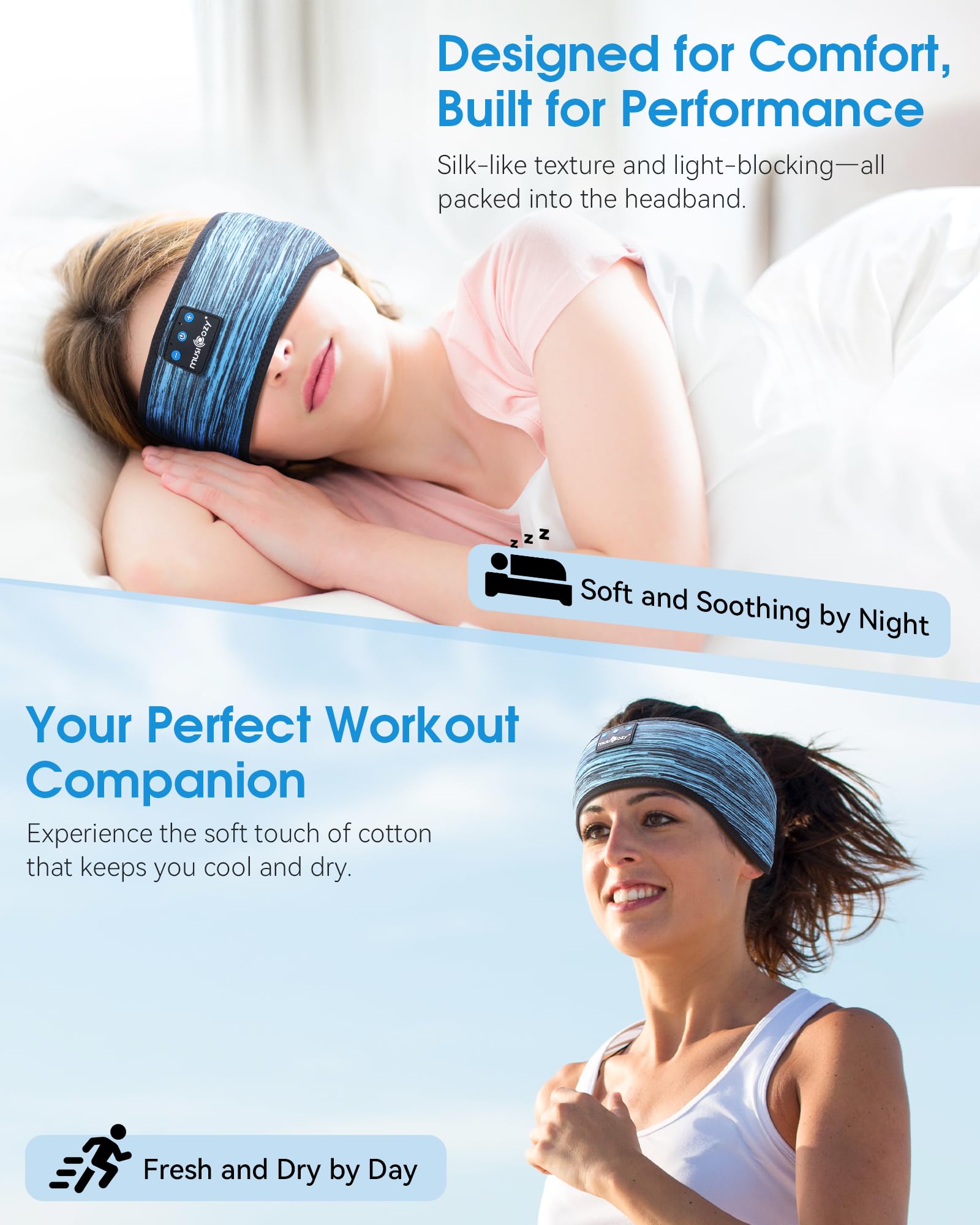 MUSICOZY Sleep Headphones Bluetooth 5.4 Headband, Sports Wireless Earphones Sweat Resistant Earbuds Sleeping Headphone with Ultra-Thin HD Stereo Speaker for Workout Running Cool Gadgets Unique Gifts Dormly