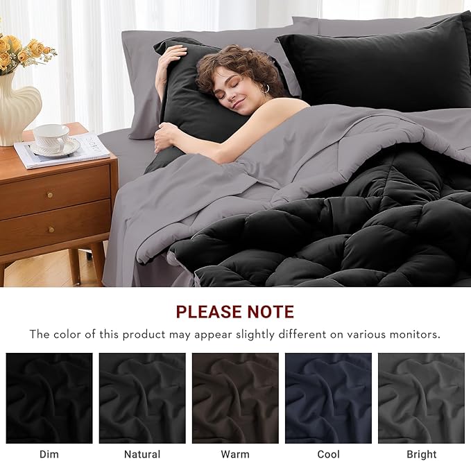 MUXHOMO 5 Pieces Twin XL Comforter Set, Reversible Bed in a Bag Twin XL Size, All Season Bedding Set with Comforter, Flat Sheet, Fitted Sheet, Pillowcases & Shams, Black & Soot