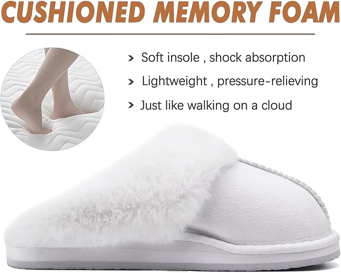 KuaiLu Womens Fluff Dual Memory Foam Slippers Ladies Cozy Arch Support Warm Scuff Slippers Slip on Comfy Winter House Shoes with Non-Slip Indoor Outdoor Hard Sole