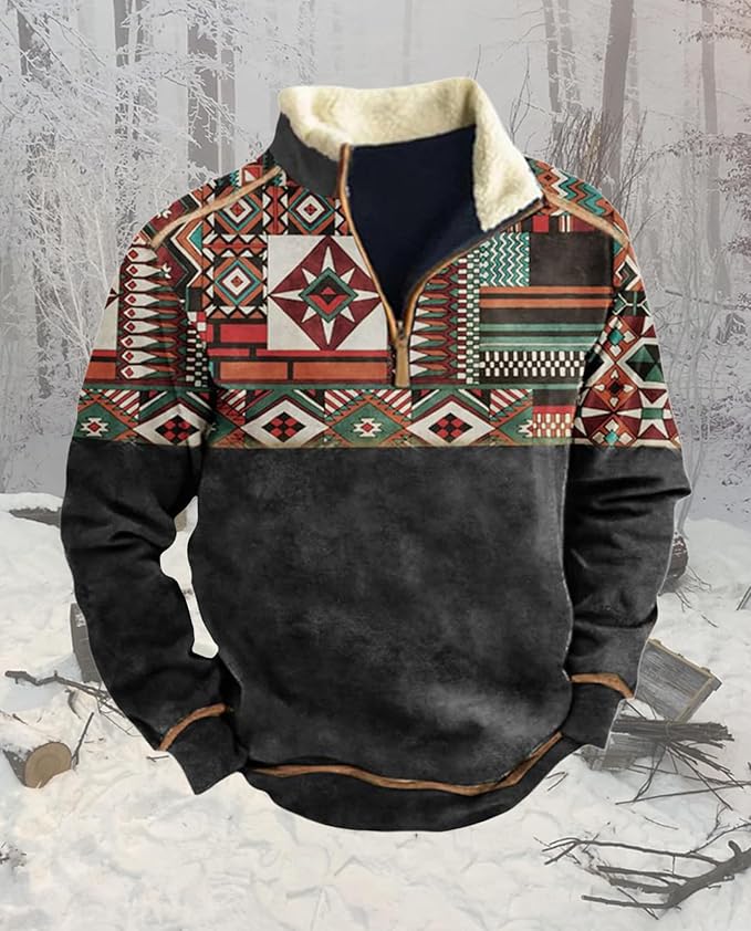 Western Sweatshirts for Men Aztec Cowboy Vintage Graphic Fleece Hoodie Mens Quarter Zip Pullover Country Jacket