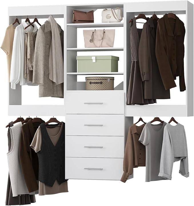 Modular Closet 90" Hanging & Drawers, Wooden Tower for Walk-In Closets, White Wall-Mounted Wardrobe Organizer