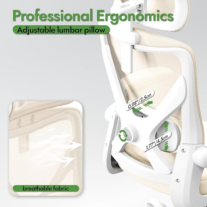 Ergonomic Office Chair - X-Shaped Computer Desk Chair Comfy, Gaming Chair, Office Chair with Lumbar Support, Mesh Office Chairs with Headrests, Desk Chair for Long Hours (White Beige)