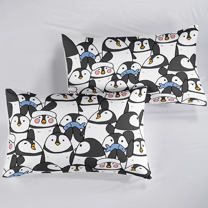 CVHOUSE Cartoon Penguin Bedding Set Twin Cute Animal Pattern Kids Teen Comforter Set 3 Pieces with 1 Comforter + 2 Pillow Cases Decor Comforter Set Cute Penguin Animal Pattern