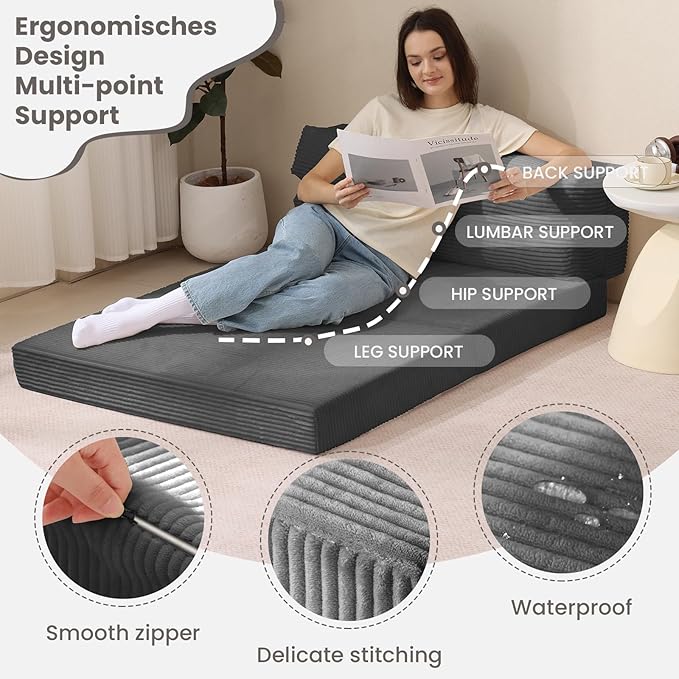 Folding Sofa Bed, Convertible Sleeper Chair with Pilow Foldable Matress, 2 in 1 Pull Out Loveseat Sofa Portable Fold Out Chair Bed Floor Couch Lounge for Living Room Bedroom (Grey, Full)