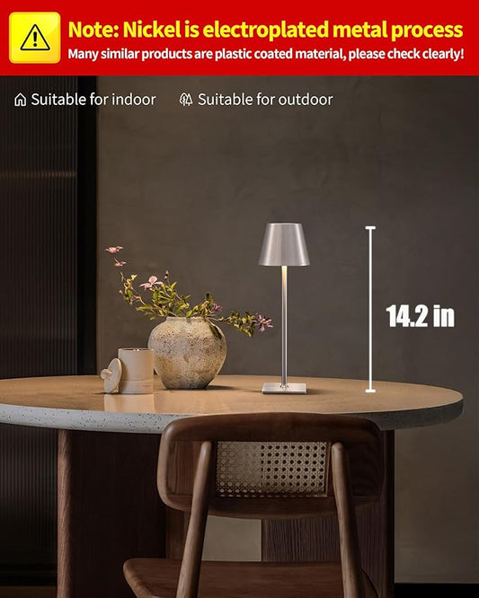 KDG 2 Pack Cordless Table Lamp,Portable LED Desk Lamp, 4000mAh Battery Operated, 3 Color Stepless Dimming Up, for Restaurant/Bedroom/Bars/Outdoor Party/Camping/Coffee Shop Night Light(Brushed Nickel)