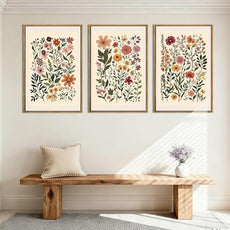 BINCUE Neutral Framed Wildflower Wall Art Set of 3 Colorful Floral Wall Decor Vintage Flower Art Prints Set of 3 for Living Room Bedroom Bathroom 16x24 Inches