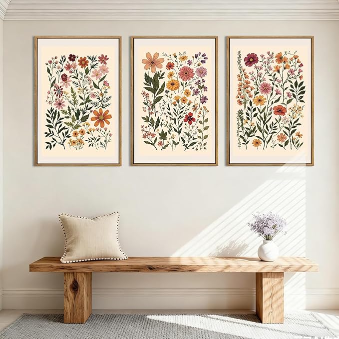 BINCUE Neutral Framed Wildflower Wall Art Set of 3 Colorful Floral Wall Decor Vintage Flower Art Prints Set of 3 for Living Room Bedroom Bathroom 16x24 Inches