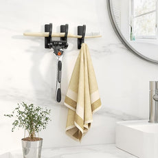 pickpiff Adhesive Wall Hooks for Towels - Sticky Hook Hanging Heavy Duty (13lb), Hanger for Door, Bathroom, Dorm, Closet - for Coats, Purse, Bag, Robe - No Damage to Wall - Black 4 Pack