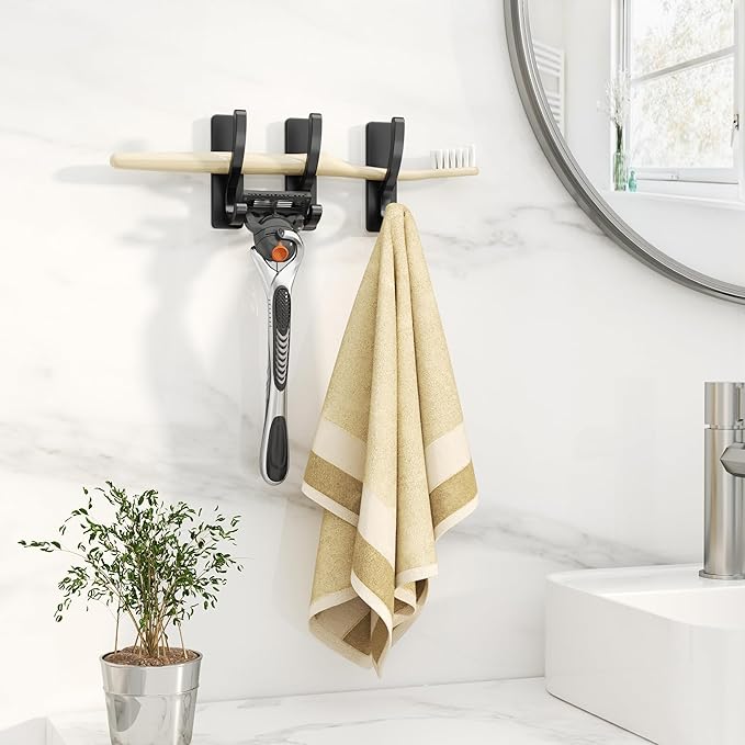 pickpiff Adhesive Wall Hooks for Towels - Sticky Hook Hanging Heavy Duty (13lb), Hanger for Door, Bathroom, Dorm, Closet - for Coats, Purse, Bag, Robe - No Damage to Wall - Black 4 Pack