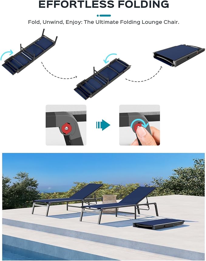 Ciokea Patio Chaise Lounge Chair, Foldable Lounge Chair for Outside, Aluminum Chairs Set of 2 with 5 Adjustable Backrest, Outdoor Pool Lounger for Poolside, Lawn, Deck, Navy Blue