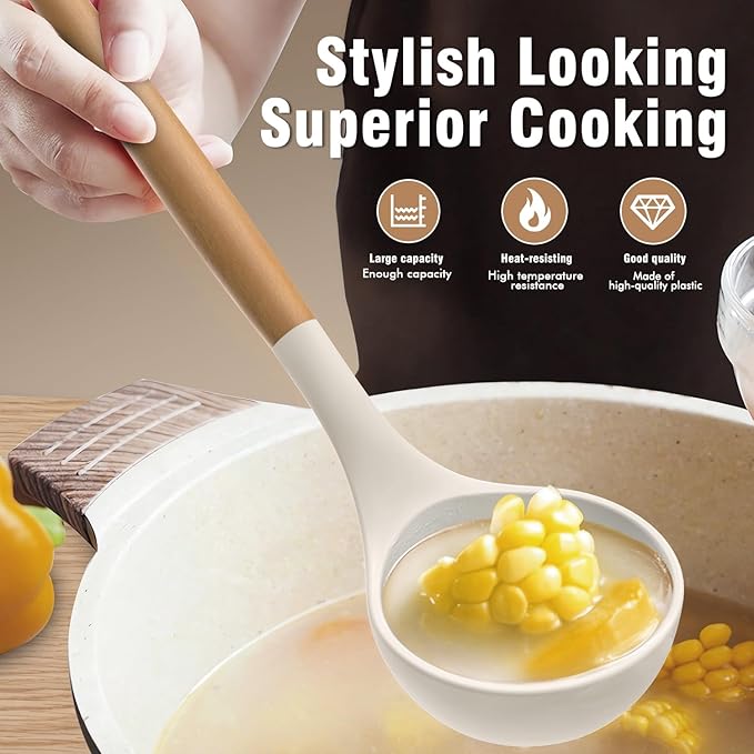 Silicone Cooking Utensils Set - AVGPD Silicone Kitchen Utensils for Cooking Wooden Handles, 446°F Heat Resistant Kitchen Utensil Spatula Sets, Gadgets for Non-Stick Cookware BPA FREE (Cream White)