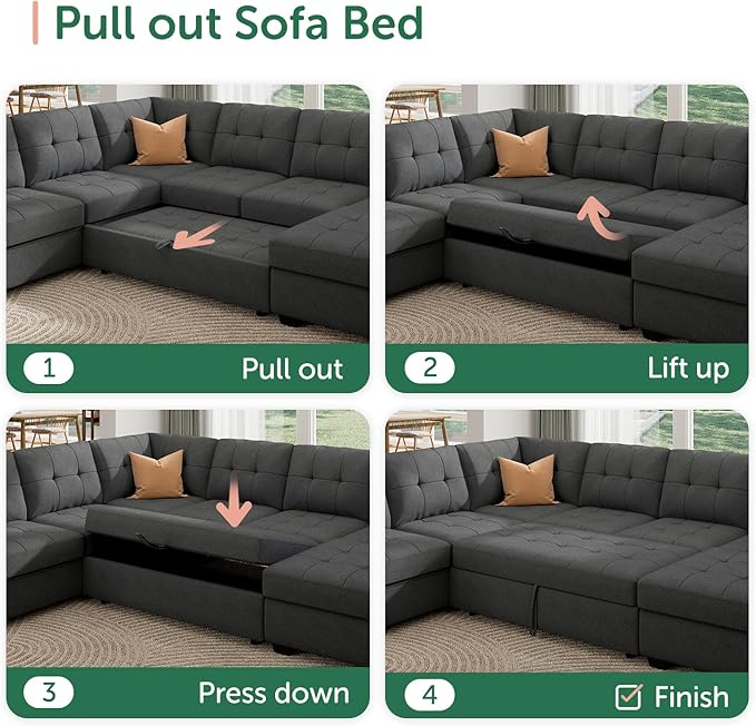 HONBAY Sectional Sleeper Sofa Pull Out Bed with Storage Chaise, Sectional Sofa Couch, Sleeper Couch Bed for Living Room, Dark Grey