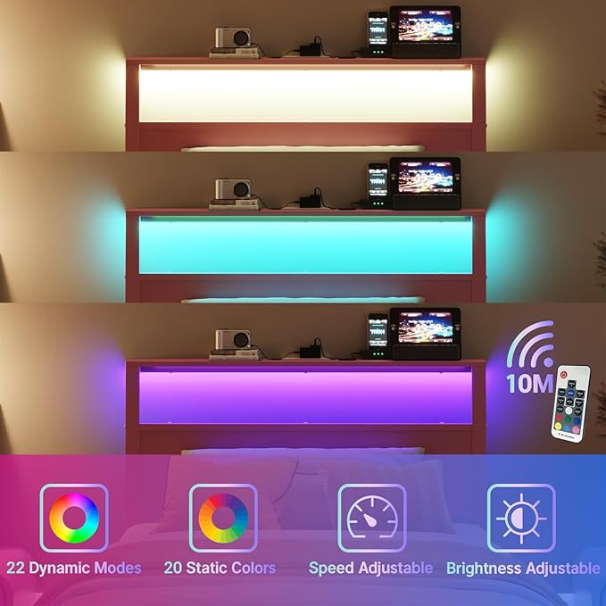 Weehom Twin Bed Frames with Headboard Shelf Storage, Wood Twin Bed Frame with Charging Station and LED Lights, No Box Spring Needed Twin Size Metal Bed Frame for Kids Students, Pink