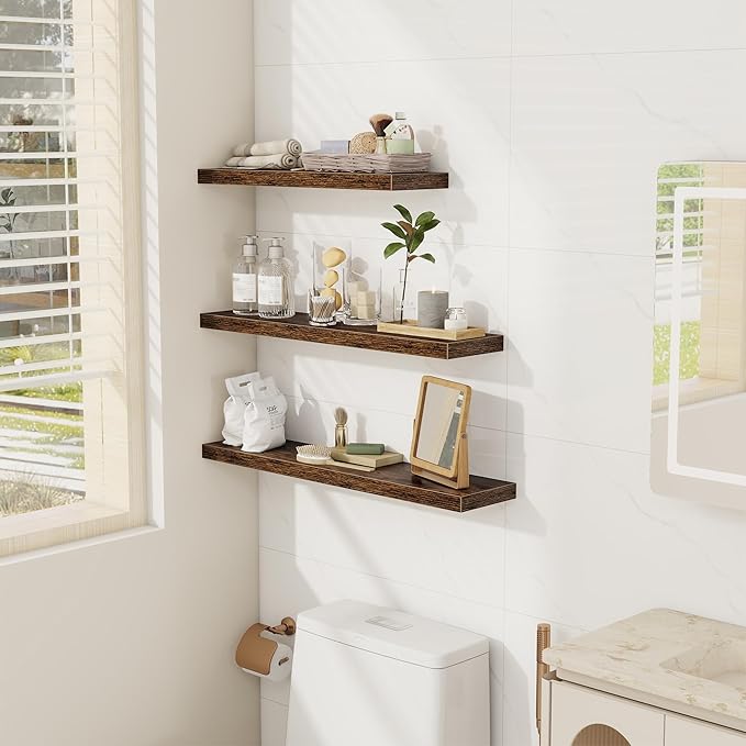 Floating Shelves Wall Shelf 30 Inch Long, Rustic Wood Bathroom Shelves 30 Inch, Farmhouse Home Decor Kitchen Living Room Bedroom Shelves Wall Mounted, 30 x 6.7 x 1.4 Inch, Set of 3, Rustic Brown