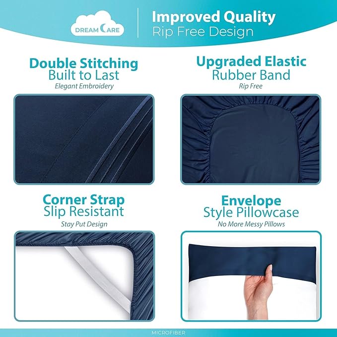 DREAMCARE Queen Size Sheets - Cooling Bed Sheets - 4pcs Set - up to 15" Deep Pocket Queen Sheet Set - Sheets Queen Size Bed - Soft & Long Lasting 100% Fine Brushed Polyester with Side Pocket - NBlue DREAMCARE