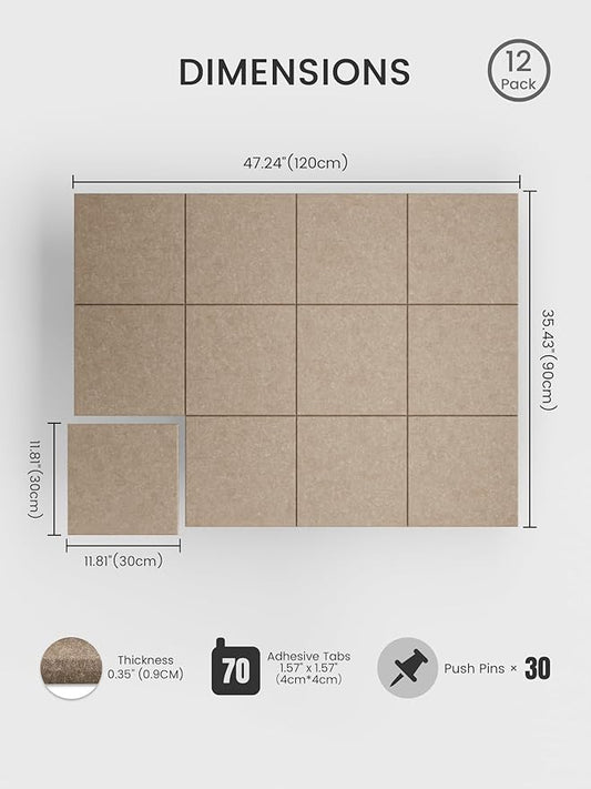 Bumusty Large Cork Board 47"x35" Alternative - 12 Pack Felt Wall Tiles with 70 Safe Removable Adhesive Tabs, 30 Pushpins, Cork Boards for Walls Pin Board Tack Board Cork Board (Dark Camel)
