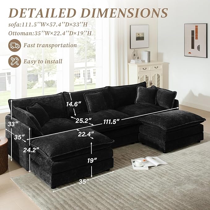 SoarFlash Chenille Sectional Sofa, Comfy L Shaped Modular Coush Sofa with Ottoman, Modern 3 Seat Couch Deep Seat Sofa Set for Living Room,Black