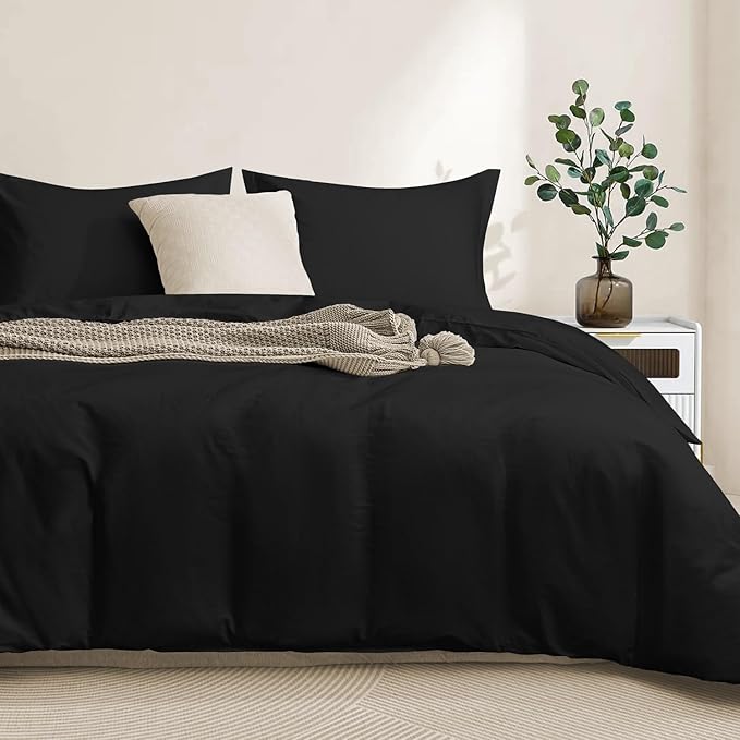 100-Percent Cotton Duvet Cover Set, Hidden Zipper Closure, Ultra Soft, Easy Care and Durable, Simple Bedding Style, Queen, Black (Comforter Not Included)