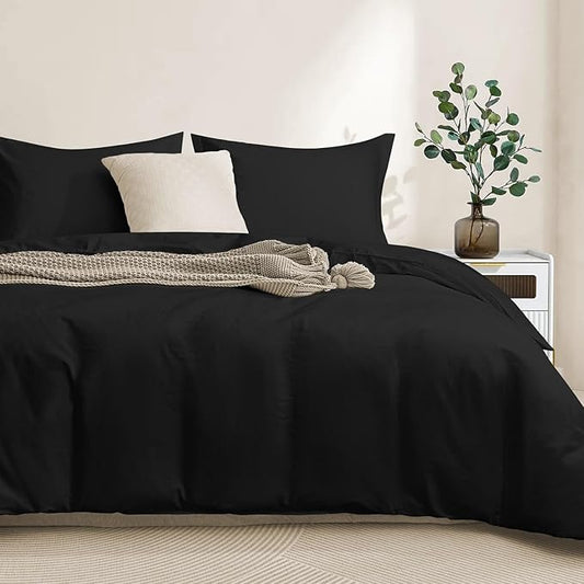100-Percent Cotton Duvet Cover Set, Hidden Zipper Closure, Ultra Soft, Easy Care and Durable, Simple Bedding Style, Queen, Black (Comforter Not Included)