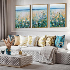 Blue Seaside Cyan Floral Wall Decor Wildflower Canvas Painting Framed Floral Prints Decor for Living Room Bedroom 16x24 Inch Set of 3
