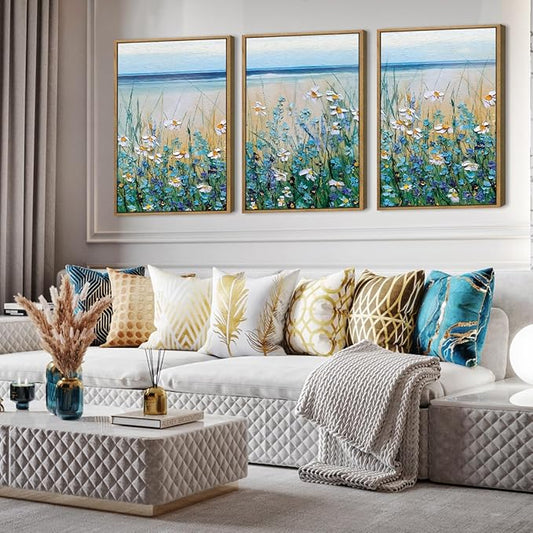 Blue Seaside Cyan Floral Wall Decor Wildflower Canvas Painting Framed Floral Prints Decor for Living Room Bedroom 16x24 Inch Set of 3