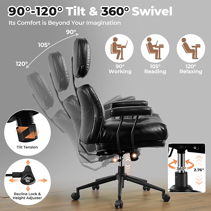 ovios Ergonomic Office Chair, High Back Faux Leather Executive Chairs with Thick Cushion, Comfy High-Century Modern Swivel Rolling Computer Armchair (Black, PU Leather)