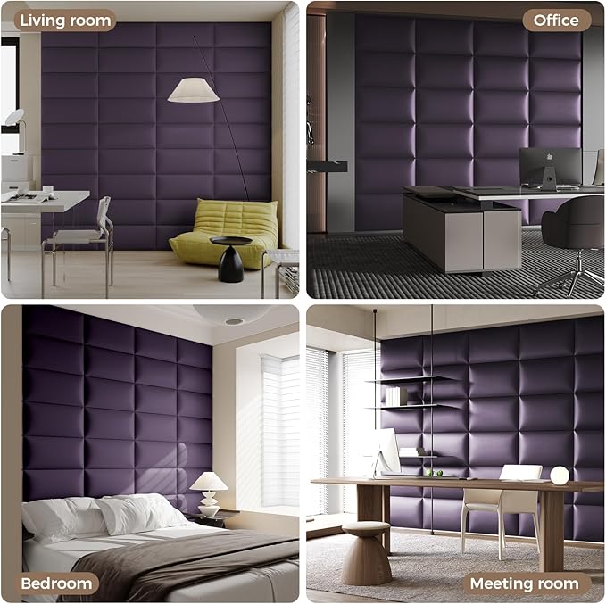 Purple Faux Leather Headboard for Queen Bed - 6-Panel Peel & Stick Wall-Mount or Freestanding Design, 24x12-Inch Upholstered Panels