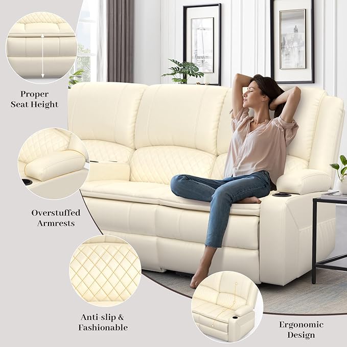 Recliner Sofa, 3 Seater Manual Reclining Sofa with 2-Tier Cushion, Reclining Couches for Living Room with Removable Console, Hidden Storage Space, Cup Holders - White