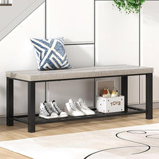 FOLUBAN Entryway Bench, Vintage Wood and Metal Storage Bench with Metal Shelf, Indoor Shoe Rack Bench Seat for Living Room, Bedroom, Hallway, Entrance, Light Grey, 47 Inch