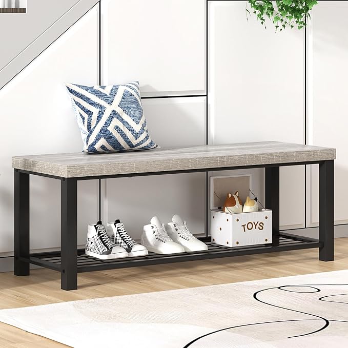 FOLUBAN Entryway Bench, Vintage Wood and Metal Storage Bench with Metal Shelf, Indoor Shoe Rack Bench Seat for Living Room, Bedroom, Hallway, Entrance, Light Grey, 47 Inch