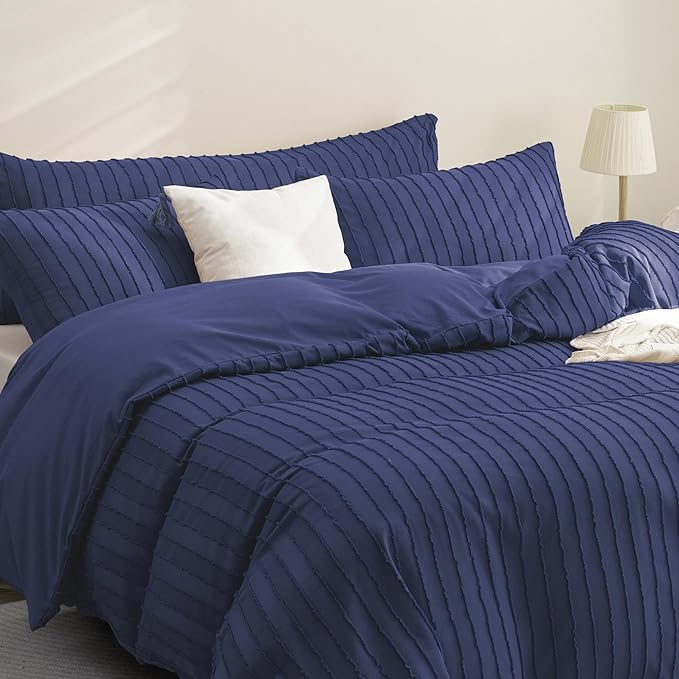 JELLYMONI Duvet Cover Queen Size Navy Blue - 3PCS Boho Striped Duvet Cover Set Polyester Tufted Bohemian Textured Comforter Cover 90×90in with Corner Ties & Zipper and 2 Pillowcases