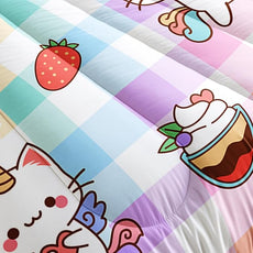 CVHOUSE Cartoon Cat Comforter Queen Set,Rainbow Cat Girls Queen Bedding Set for Kids Teens,Cat Unicorn Quilt Set 3Pcs Cat Bed Set Cat Duvet Set Kitty Room Decor All Season