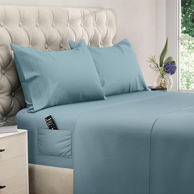 DREAMCARE Queen Size Sheets - Cooling Bed Sheets - 4pcs Set - up to 15" Deep Pocket Queen Sheet Set - Sheets Queen Size Bed - Soft & Long Lasting 100% Fine Microfiber with Side Pocket - Mineral Blue DREAMCARE